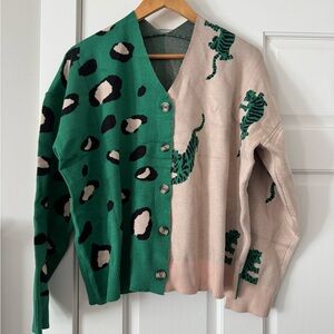 Green and Cream Animal Print Women Sweater